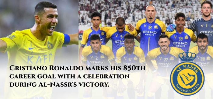 Cristiano Ronaldo marks his 850th career goal with a celebration during Al-Nassr's victory